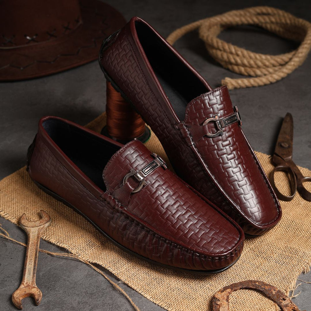 Hayes London | Torque Driving Loafers – Brown Woven Embossed Genuine Leather Men’s Shoes