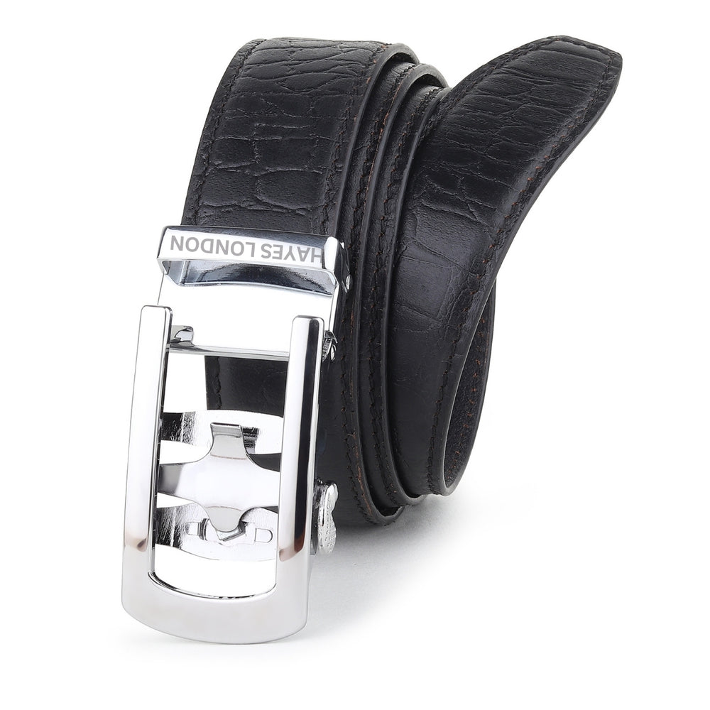 Hayes London | Auto-Lock Genuine Leather Black Belt for Men | Premium Micro-Adjustable No-Hole Belt (Leather Texture: Croco)