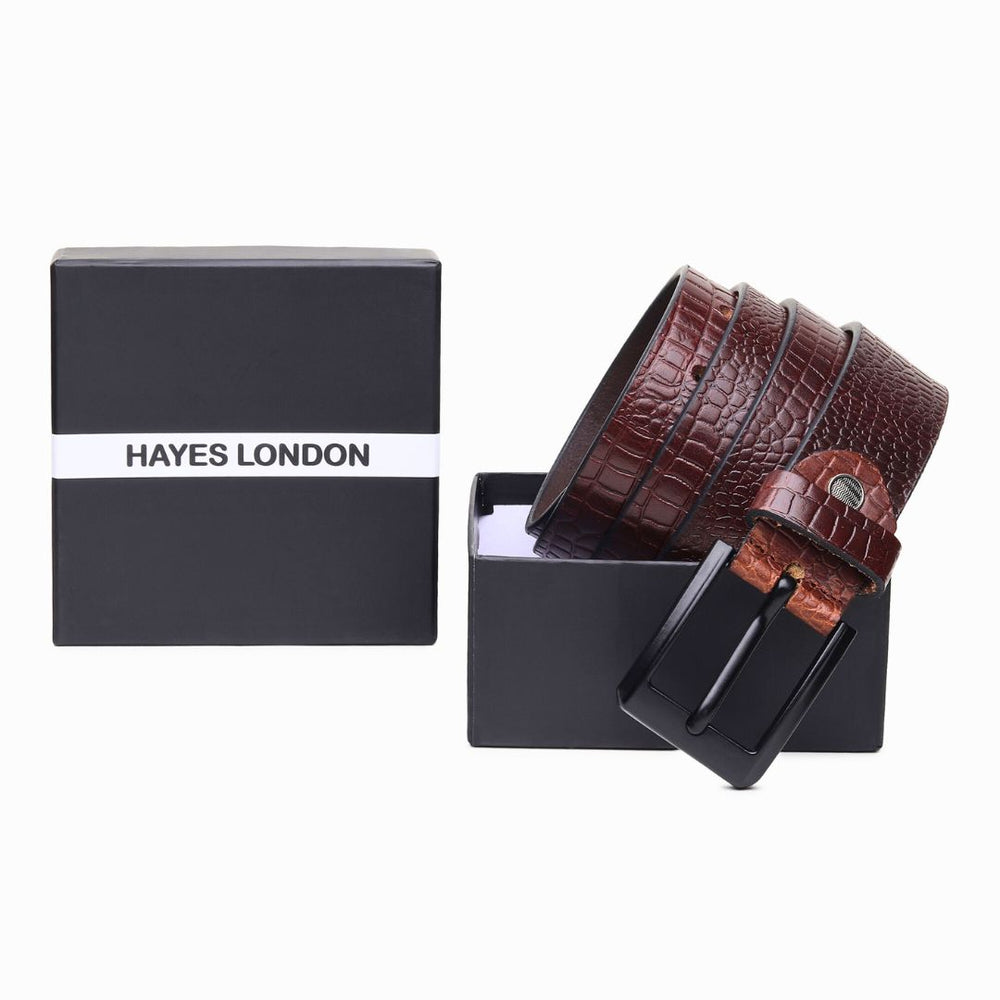 Hayes London | Brown Croco Pattern Genuine Leather Men's Belt (Leather Texture: Croco Pattern & Buckle Color: Black)