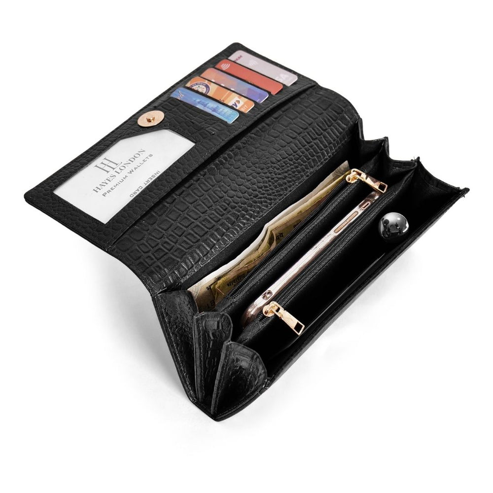 Hayes London | Black Genuine Leather Bi-Fold Clutch For Women (Leather Texture: Croco & Color: Black)