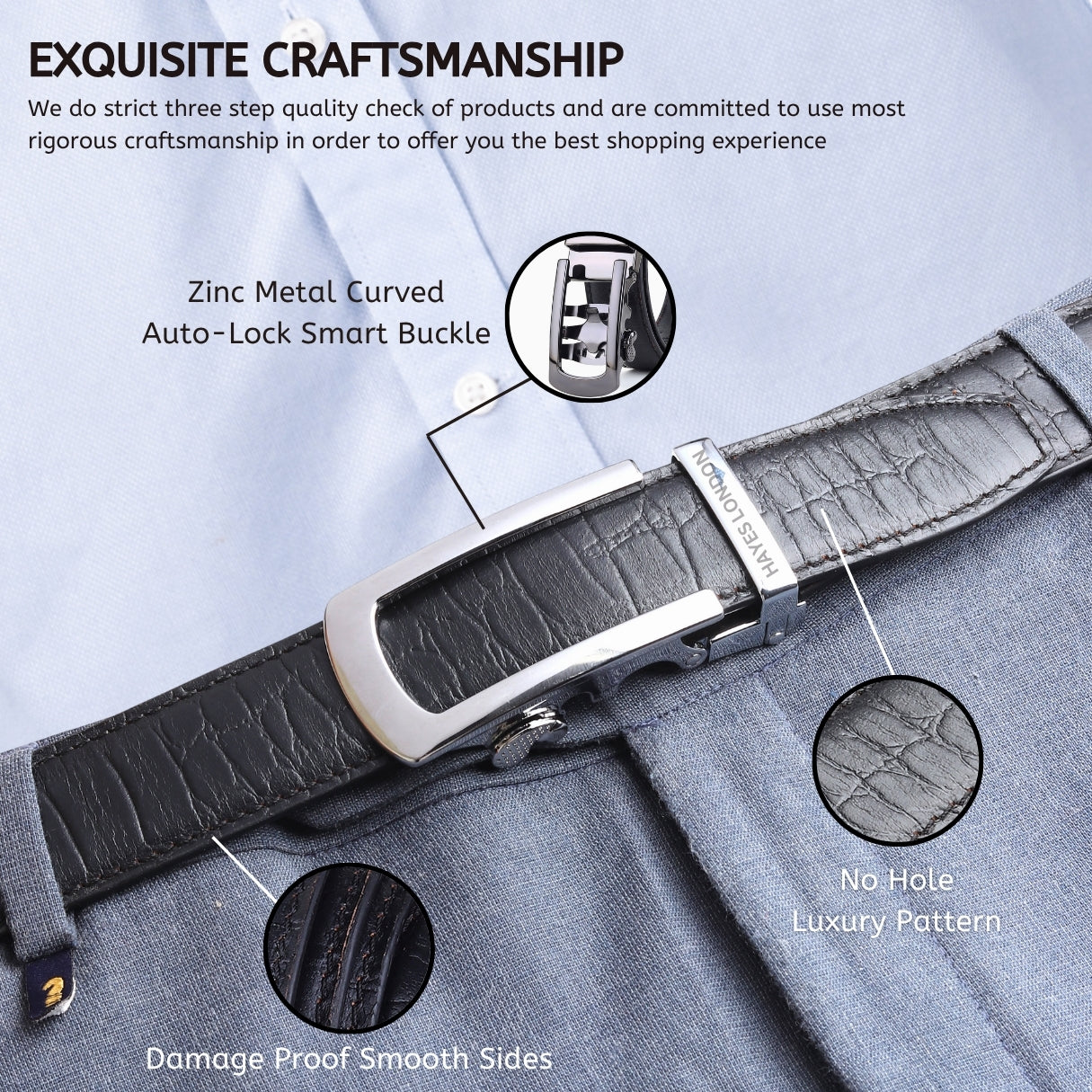 Hayes London | Auto-Lock Genuine Leather Black Belt for Men | Premium Micro-Adjustable No-Hole Belt (Leather Texture: Croco)