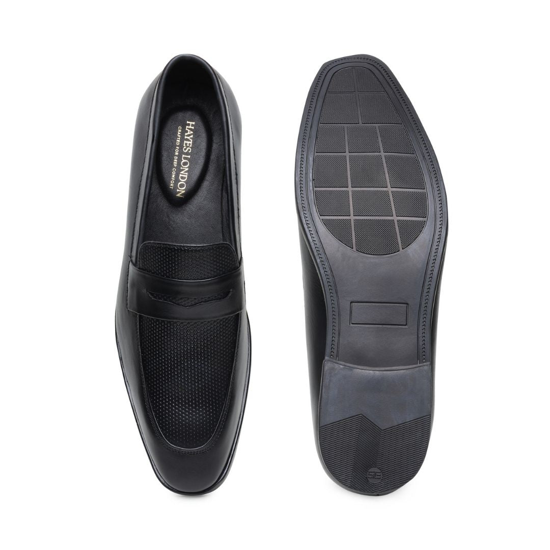 Hayes London | Windsor Penny Loafers – Black Perforated Genuine Leather Men’s Shoes