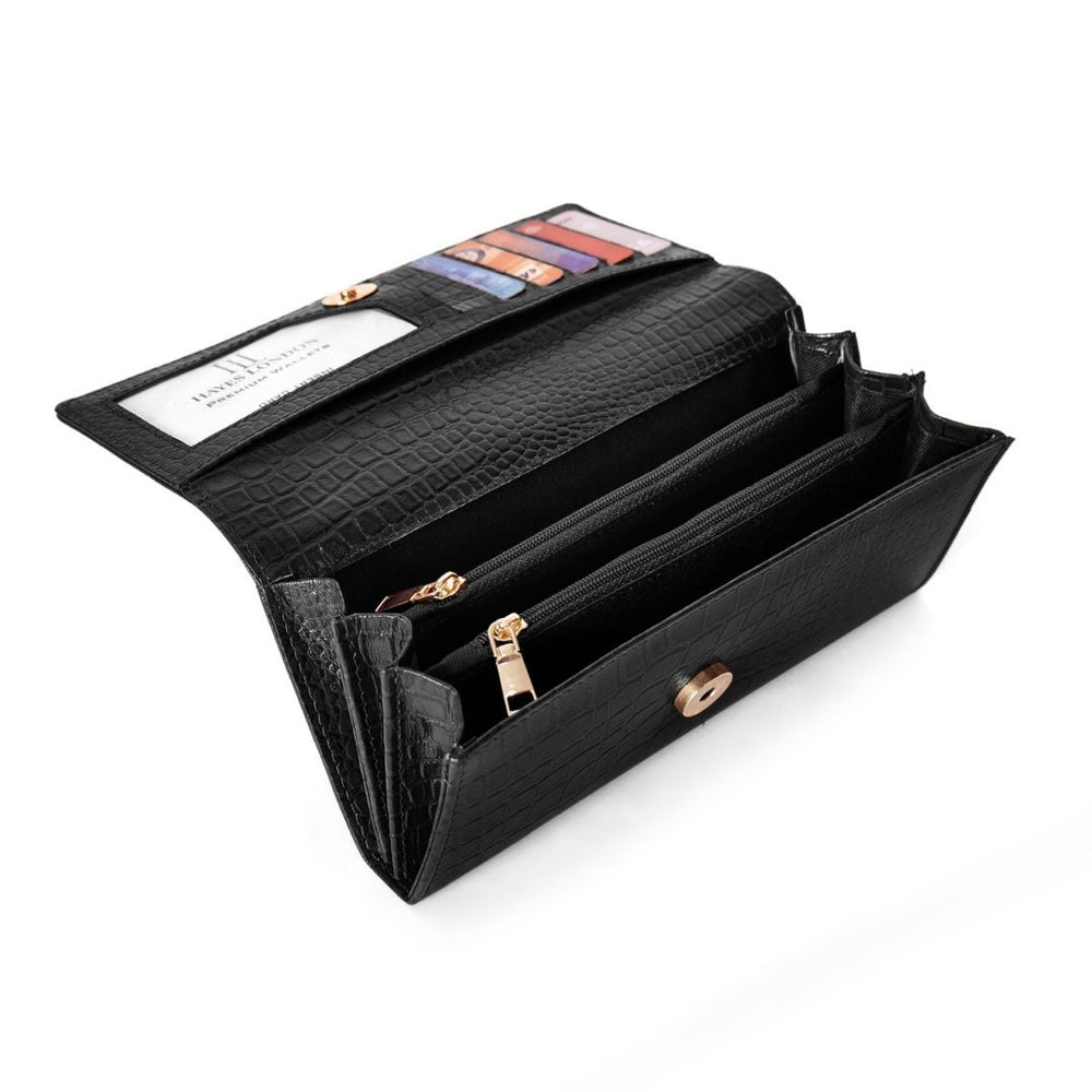 Hayes London | Black Genuine Leather Bi-Fold Clutch For Women (Leather Texture: Croco & Color: Black)