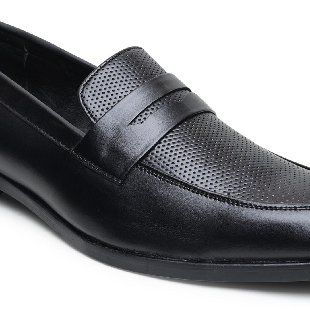 Hayes London | Windsor Penny Loafers – Black Perforated Genuine Leather Men’s Shoes