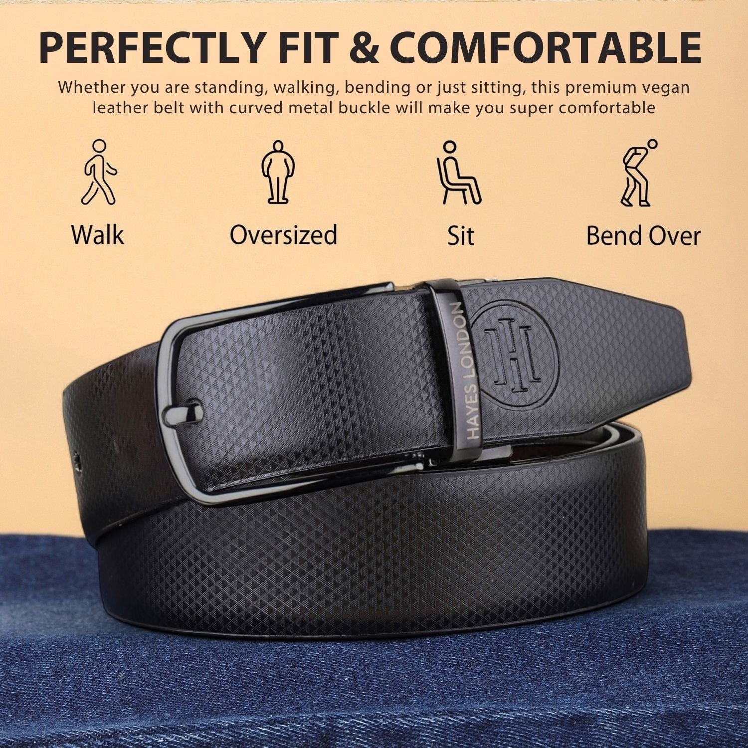 Hayes London | Reversible Black & Brown Vegan Leather Belt For Men (Leather Texture: Honeycomb)