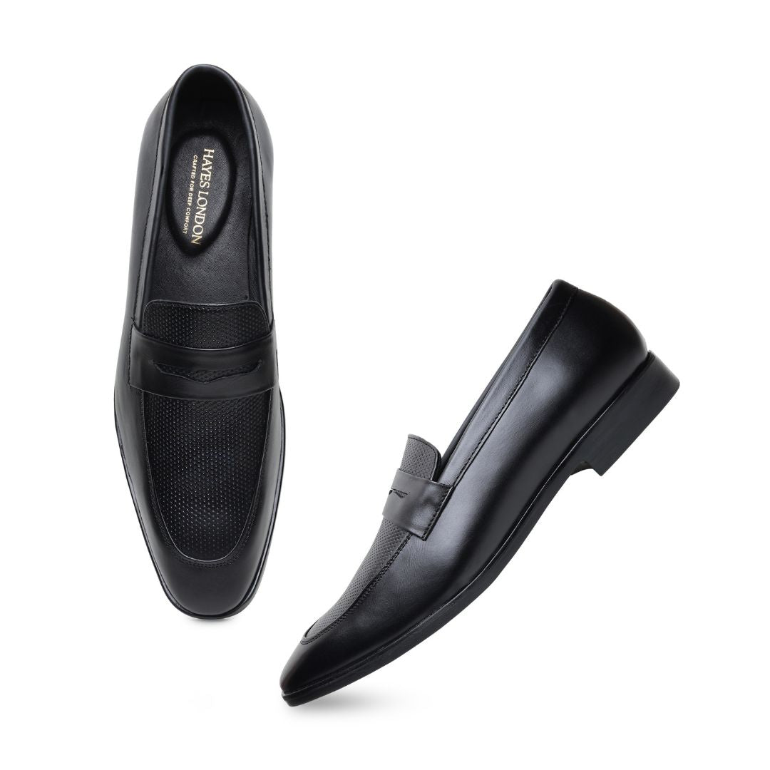 Hayes London | Windsor Penny Loafers – Black Perforated Genuine Leather Men’s Shoes