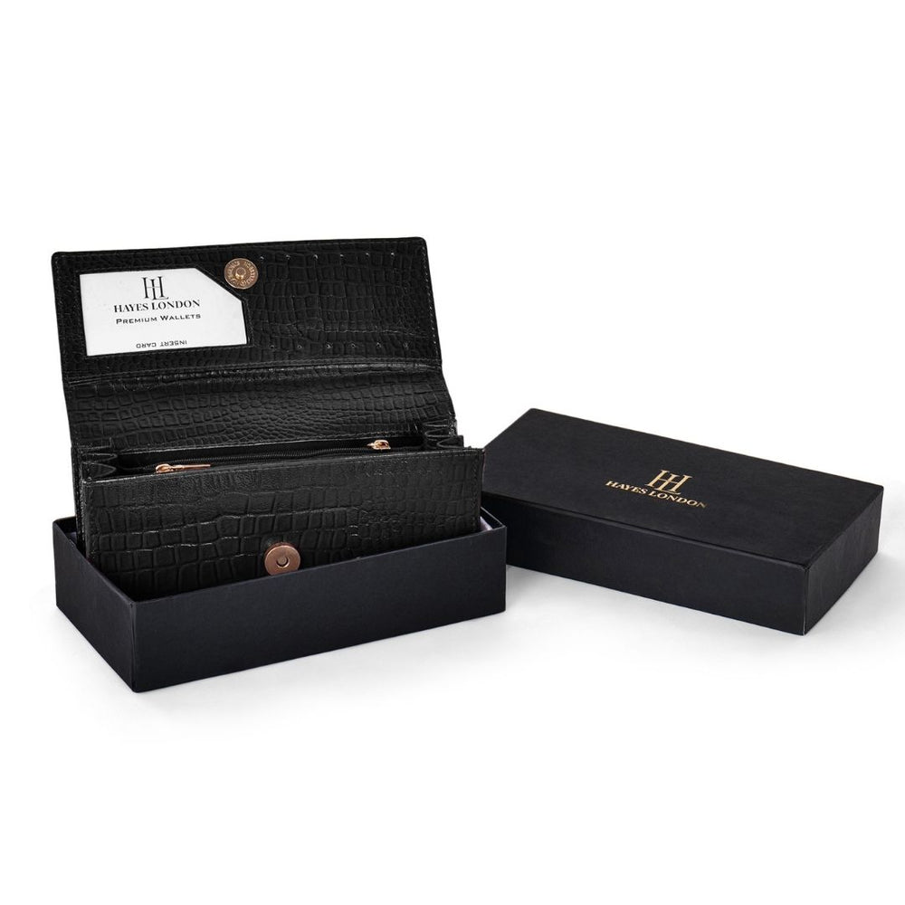 Hayes London | Black Genuine Leather Bi-Fold Clutch For Women (Leather Texture: Croco & Color: Black)