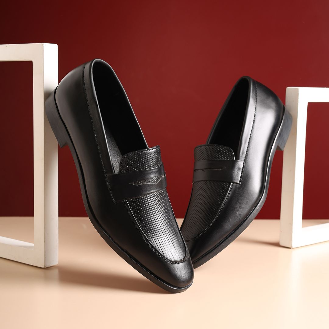 Hayes London | Windsor Penny Loafers – Black Perforated Genuine Leather Men’s Shoes