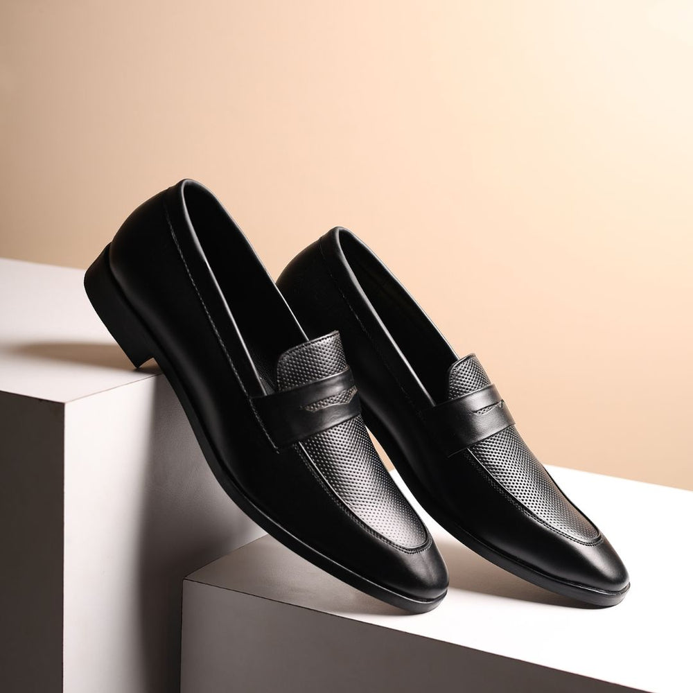 Hayes London | Windsor Black Formal Penny Loafers for Men – Genuine Leather Dotted Slip-On Shoes for Office & Party Wear