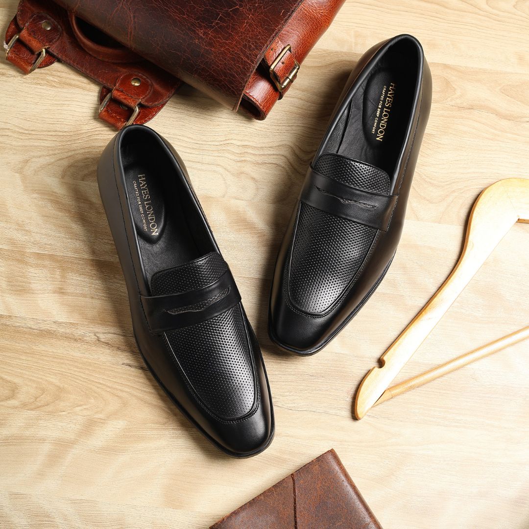 Hayes London | Windsor Penny Loafers – Black Perforated Genuine Leather Men’s Shoes