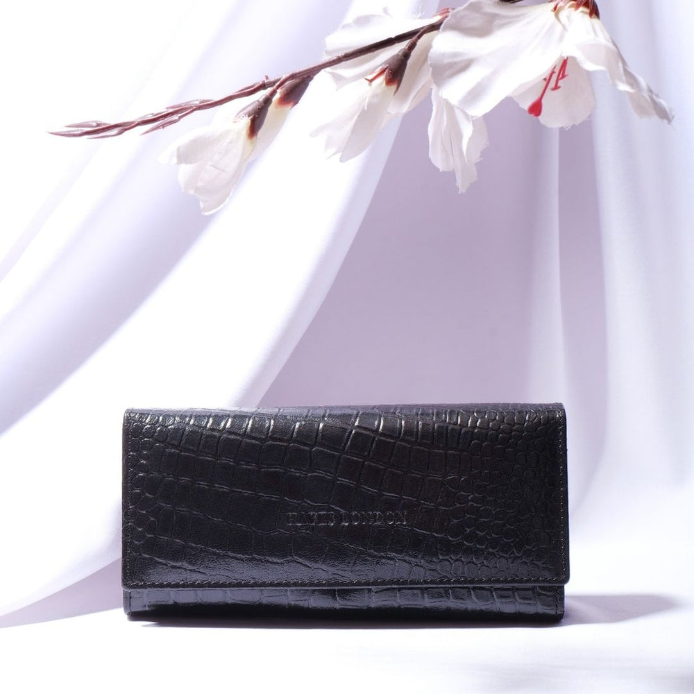 Hayes London | Black Genuine Leather Bi-Fold Clutch For Women (Leather Texture: Croco & Color: Black)