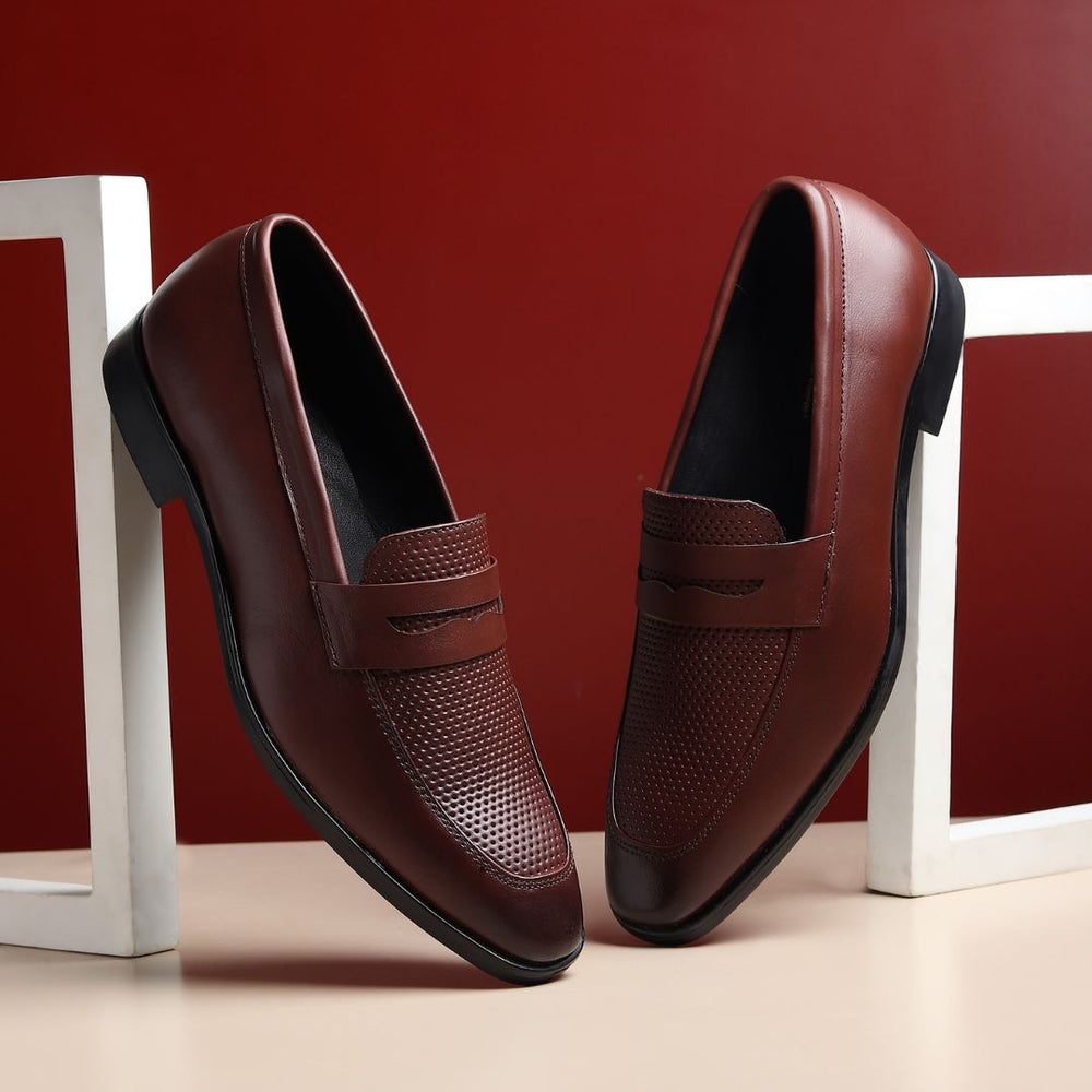 Hayes London | Windsor Brown Formal Penny Loafers for Men – Genuine Leather Dotted Slip-On Shoes for Office & Party Wear