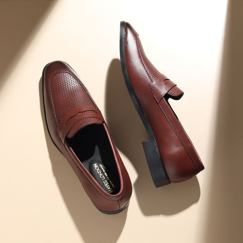 Hayes London | Windsor Brown Formal Penny Loafers for Men – Genuine Leather Dotted Slip-On Shoes for Office & Party Wear