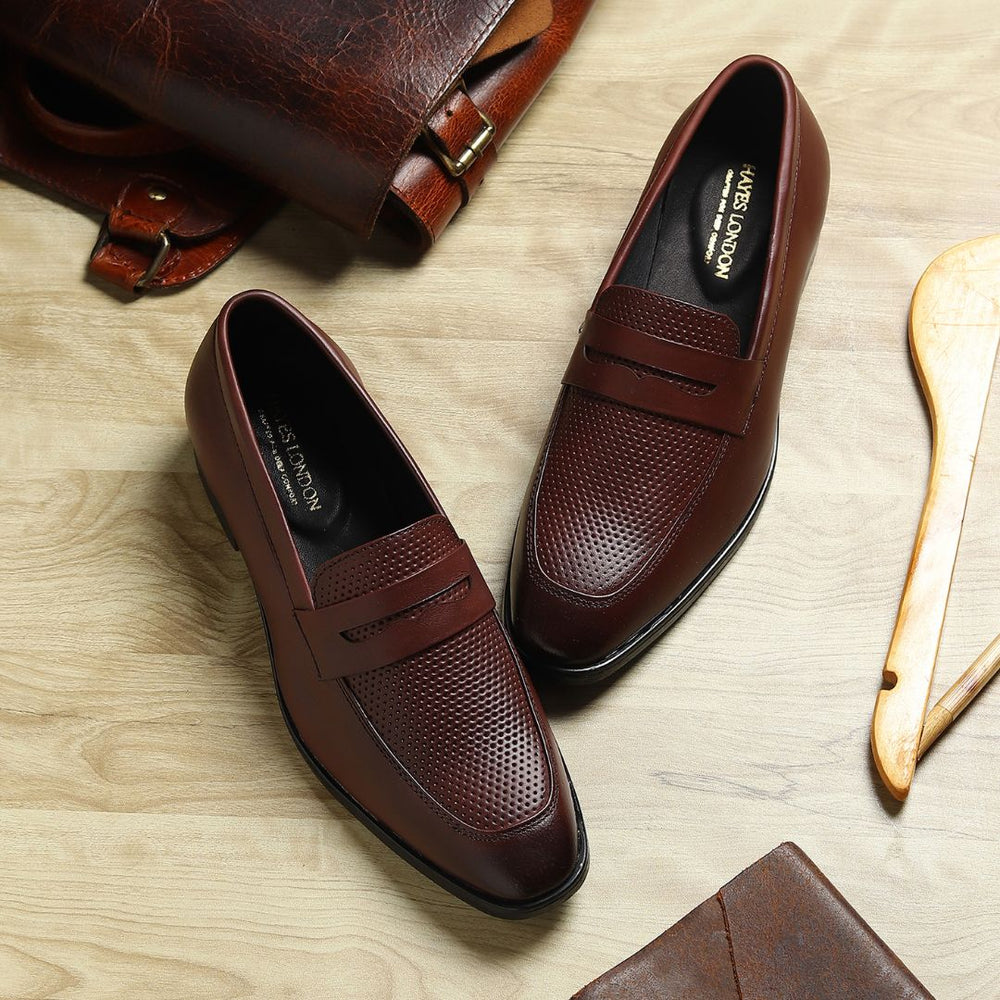 Hayes London | Windsor Brown Formal Penny Loafers for Men – Genuine Leather Dotted Slip-On Shoes for Office & Party Wear
