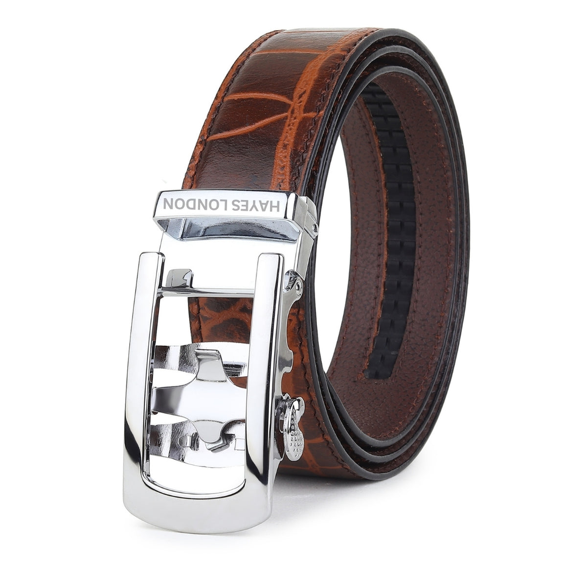 Hayes London | Auto-Lock Genuine Leather Brown Belt for Men | Premium Micro-Adjustable No-Hole Belt (Leather Texture: Croco)