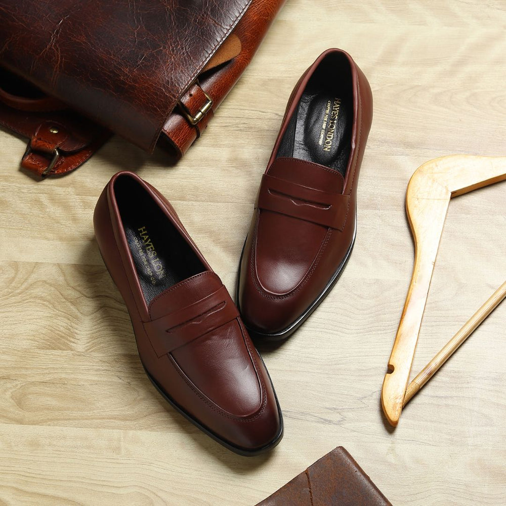 Hayes London | Belmonte Brown Formal Penny Loafers for Men – Genuine Leather Slip-On Shoes for Office & Party Wear