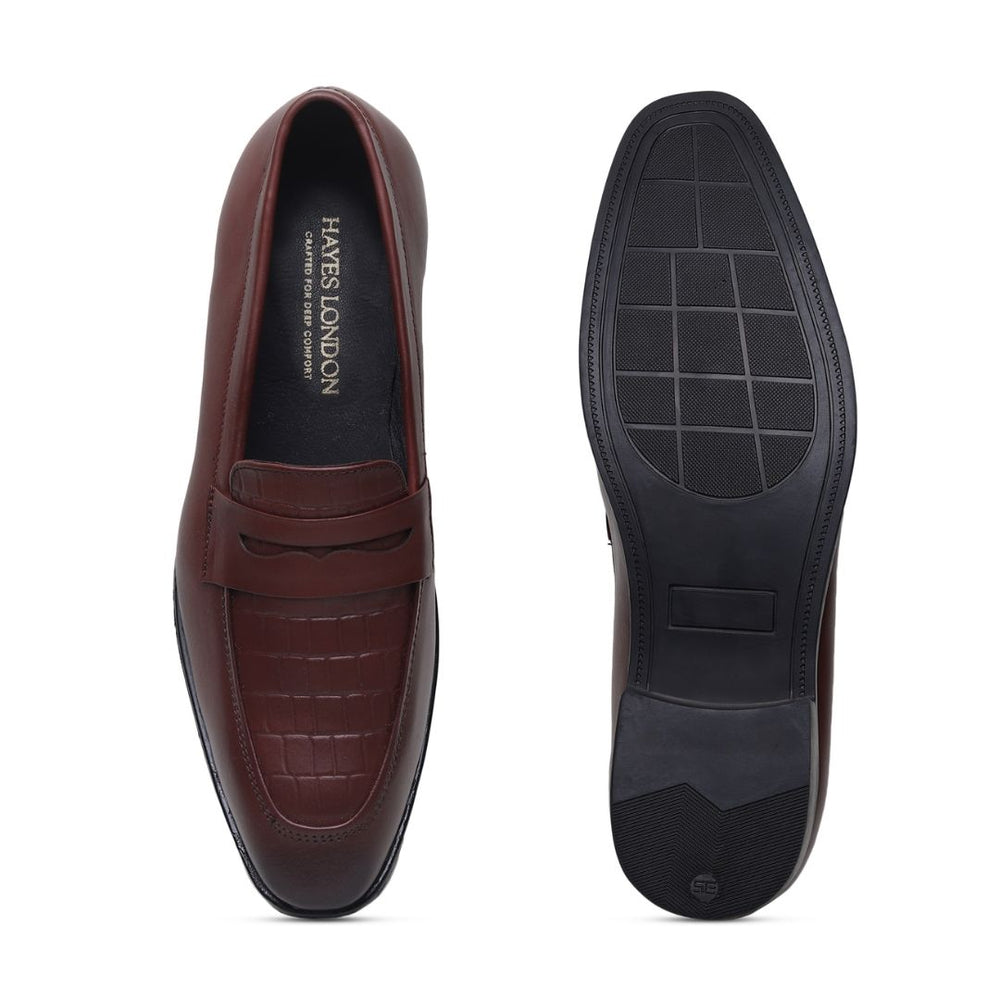 Hayes London | Milan Brown Formal Penny Loafers for Men – Genuine Leather Croco Slip-On Shoes for Office & Party Wear