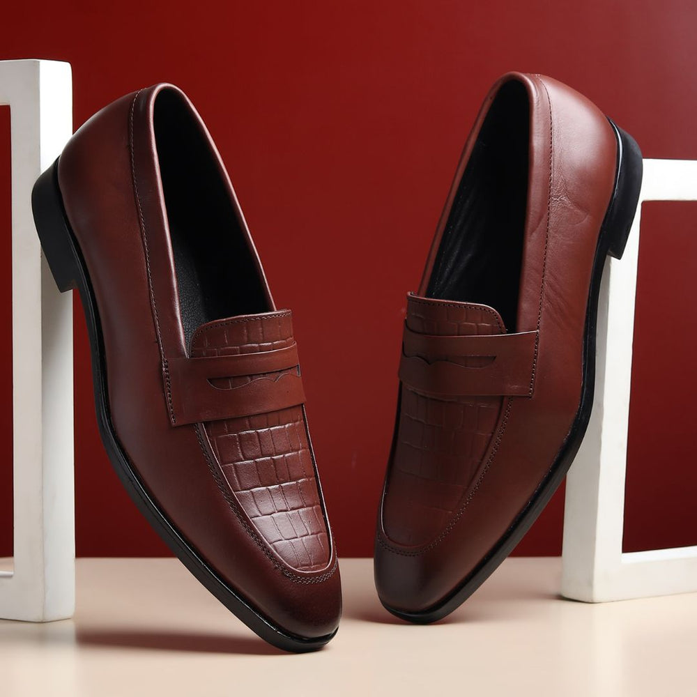 Hayes London | Milan Brown Formal Penny Loafers for Men – Genuine Leather Croco Slip-On Shoes for Office & Party Wear