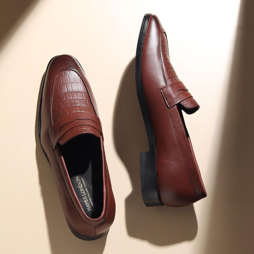 Hayes London | Milan Brown Formal Penny Loafers for Men – Genuine Leather Croco Slip-On Shoes for Office & Party Wear