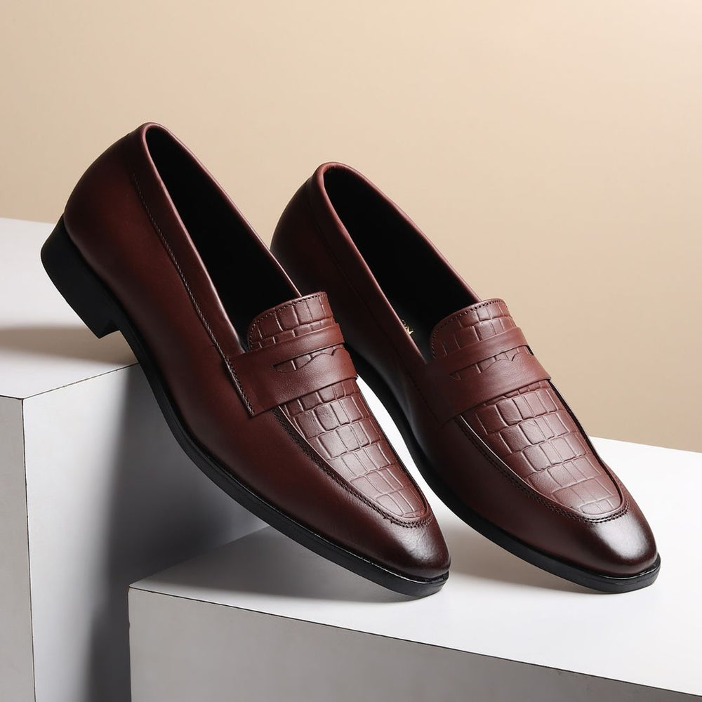 Hayes London | Milan Brown Formal Penny Loafers for Men – Genuine Leather Croco Slip-On Shoes for Office & Party Wear