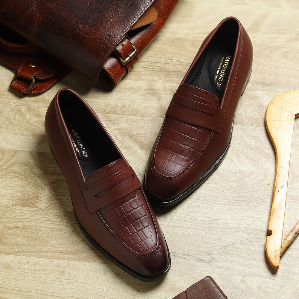 Hayes London | Milan Brown Formal Penny Loafers for Men – Genuine Leather Croco Slip-On Shoes for Office & Party Wear