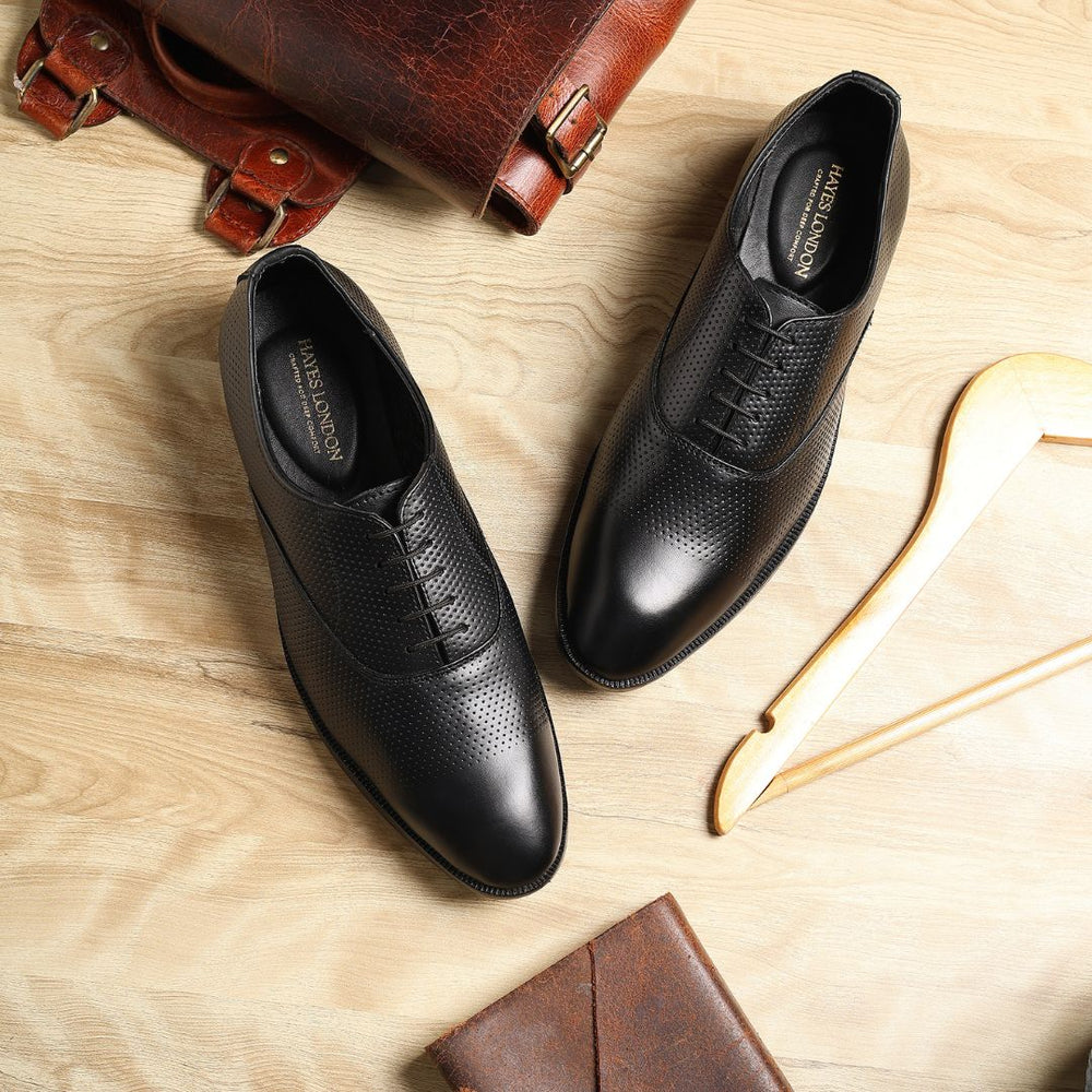Hayes London | Troy Oxford Shoes – Black Perforated Genuine Leather Men’s Office Shoes