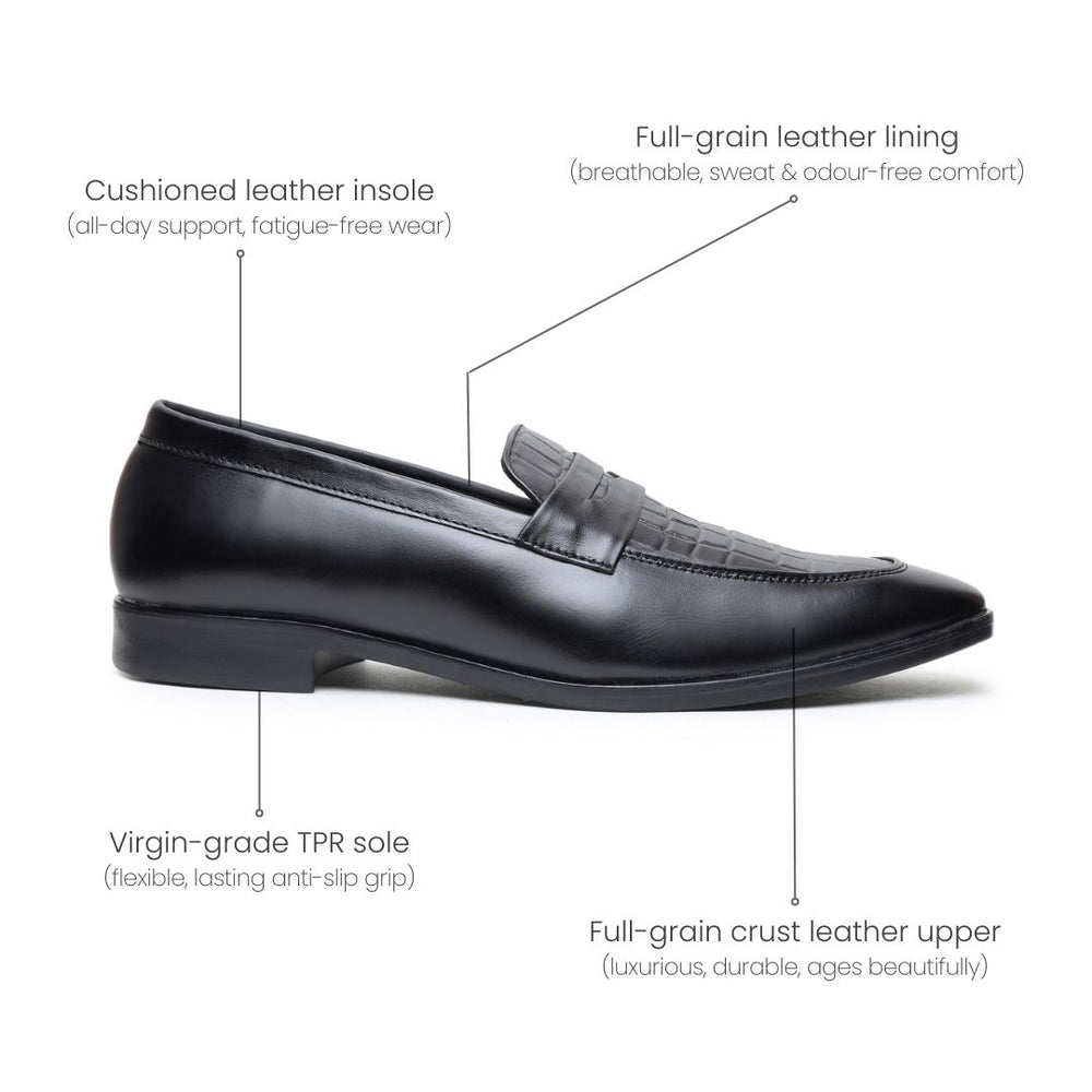 Hayes London | Milan Black Formal Penny Loafers for Men – Genuine Leather Croco Slip-On Shoes for Office & Party Wear