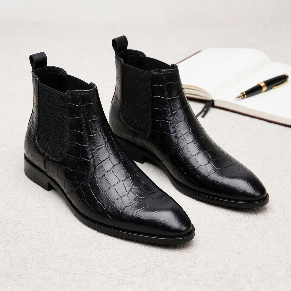 Hayes London | Pablo Cuban Boots – Black Croco-Textured Genuine Leather Men’s Boots (2-Inch Heel & Tapered Toe Design)