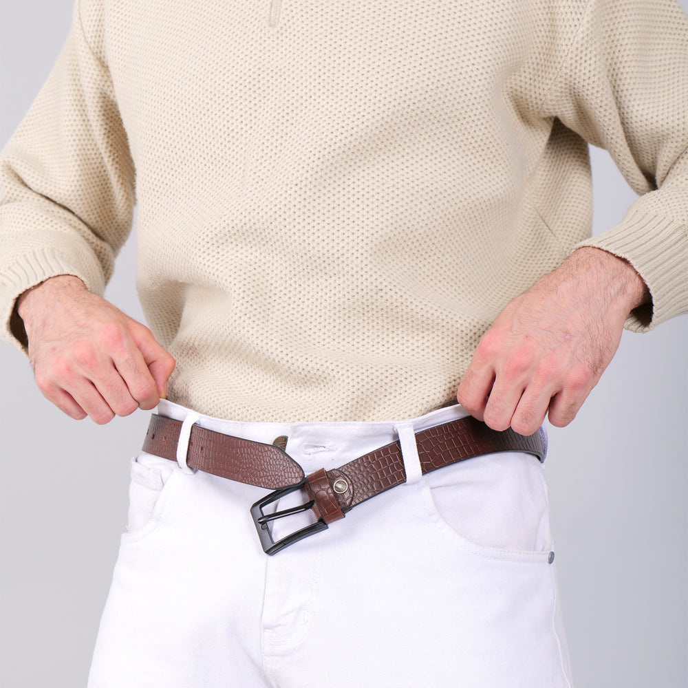 Hayes London | Brown Croco Pattern Genuine Leather Men's Belt (Leather Texture: Croco Pattern & Buckle Color: Black)