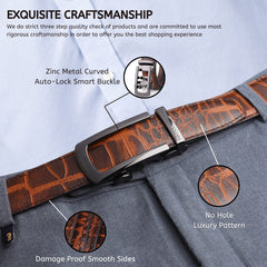 Hayes London | Auto-Lock Genuine Leather Brown Belt for Men | Premium Micro-Adjustable No-Hole Belt (Leather Texture: Croco)