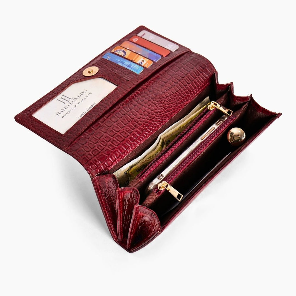 Hayes London | Cherry Genuine Leather Bi-Fold Clutch For Women (Leather Texture: Croco & Color: Cherry)