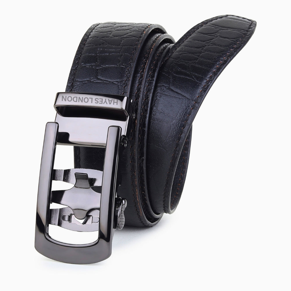 Hayes London | Auto-Lock Genuine Leather Black Belt for Men | Premium Micro-Adjustable No-Hole Belt (Leather Texture: Croco)