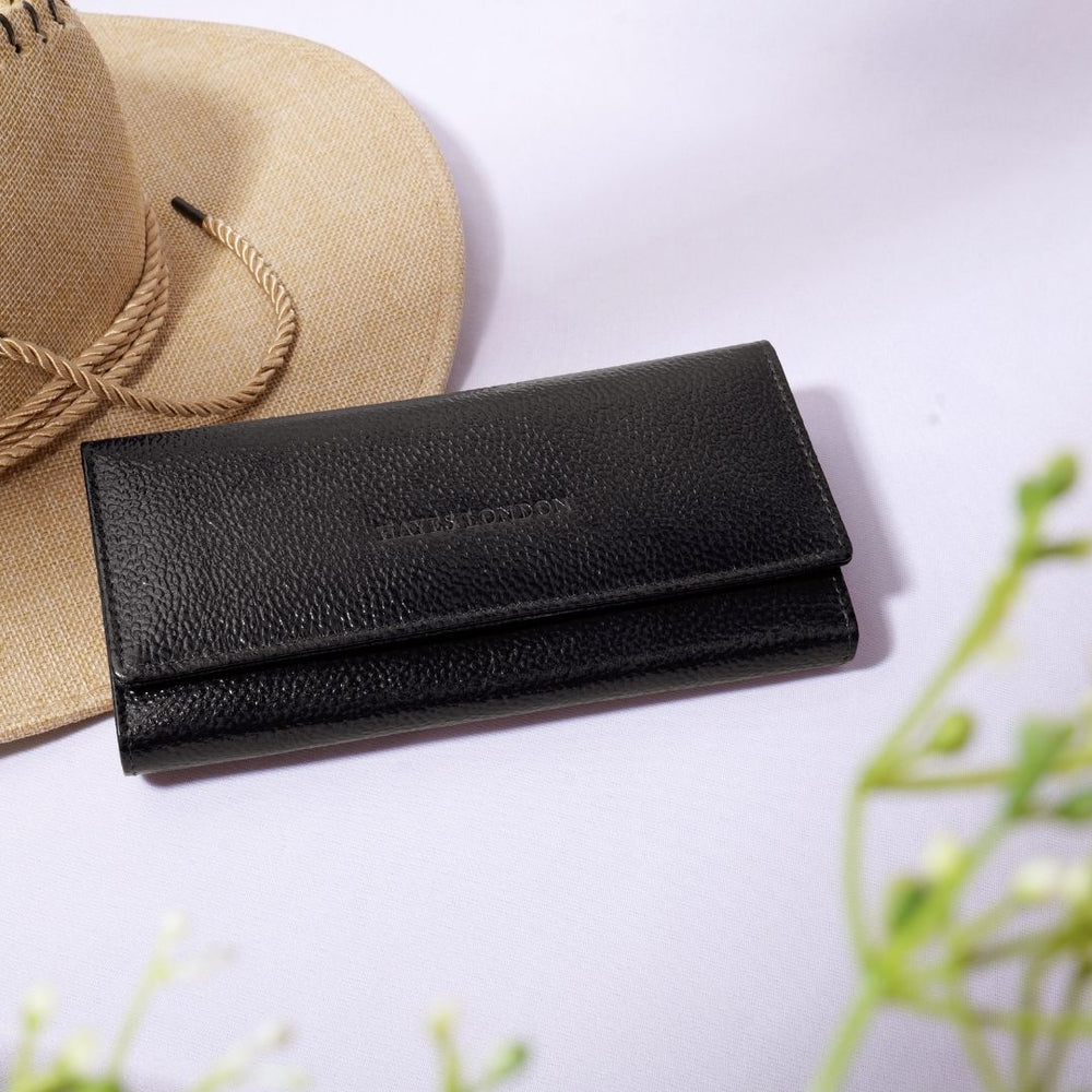 Hayes London | Black Genuine Leather Bi-Fold Clutch For Women (Leather Texture: Classic & Color: Black)
