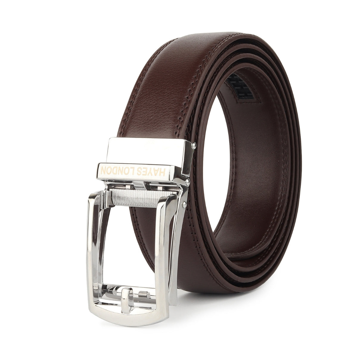 Hayes London | Vanguard Silver Auto-Lock No-Hole Genuine Leather Belt for Men – Micro-Adjustable Smart Ratchet Belt for Formal, Office & Business Wear(Plain Brown)