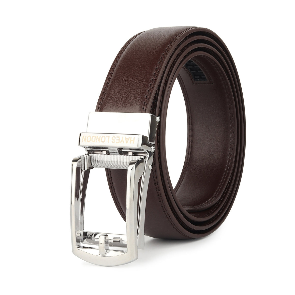 Hayes London | Vanguard Silver Auto-Lock No-Hole Genuine Leather Belt for Men – Micro-Adjustable Smart Ratchet Belt for Formal, Office & Business Wear(Plain Brown)
