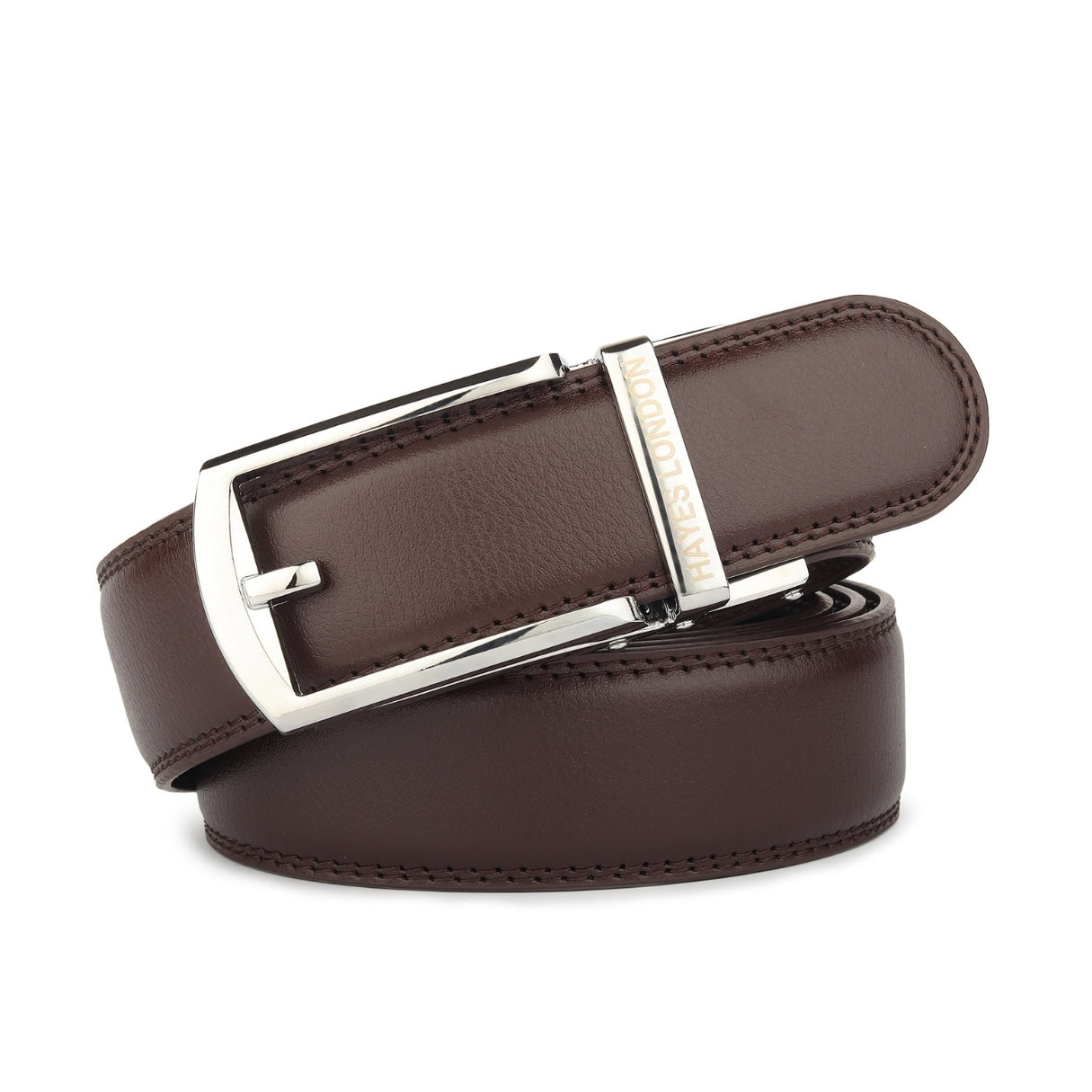 Hayes London | Vanguard Silver Auto-Lock No-Hole Genuine Leather Belt for Men – Micro-Adjustable Smart Ratchet Belt for Formal, Office & Business Wear(Plain Brown)