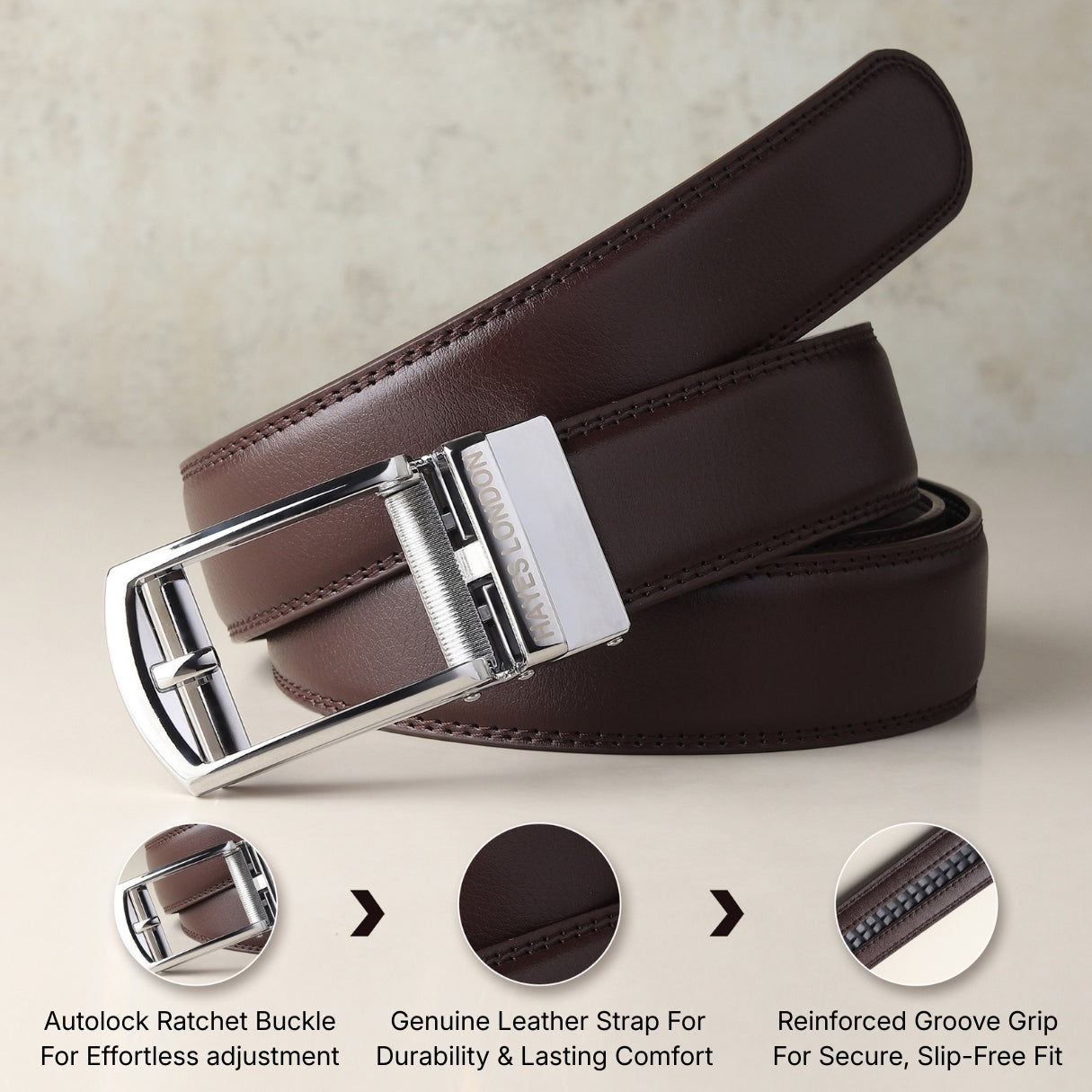 Hayes London | Vanguard Silver Auto-Lock No-Hole Genuine Leather Belt for Men – Micro-Adjustable Smart Ratchet Belt for Formal, Office & Business Wear(Plain Brown)