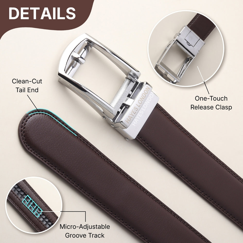 Hayes London | Vanguard Silver Auto-Lock No-Hole Genuine Leather Belt for Men – Micro-Adjustable Smart Ratchet Belt for Formal, Office & Business Wear(Plain Brown)