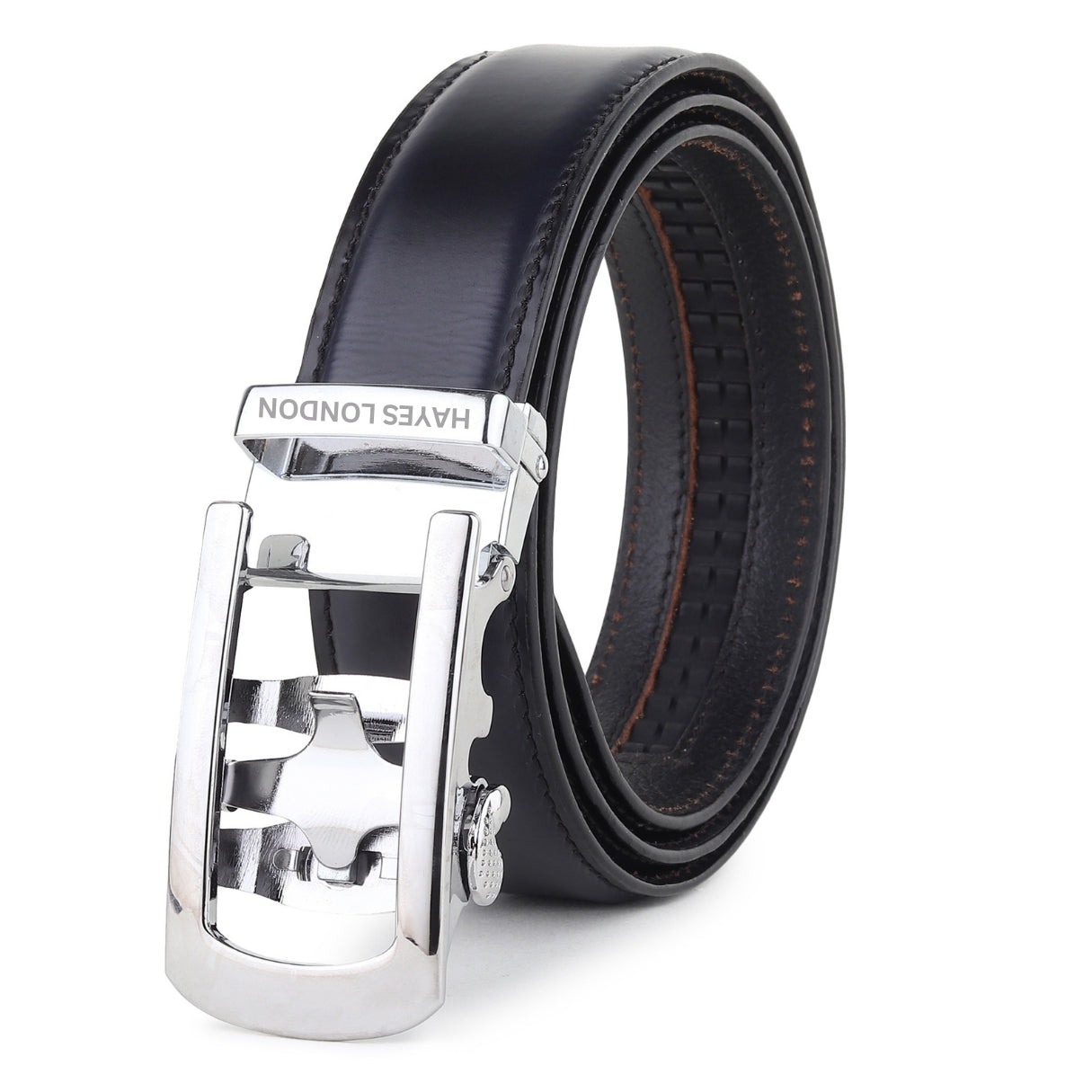 Hayes London | Auto-Lock Genuine Leather Black Belt for Men | Premium Micro-Adjustable No-Hole Belt (Leather Texture: Plain)