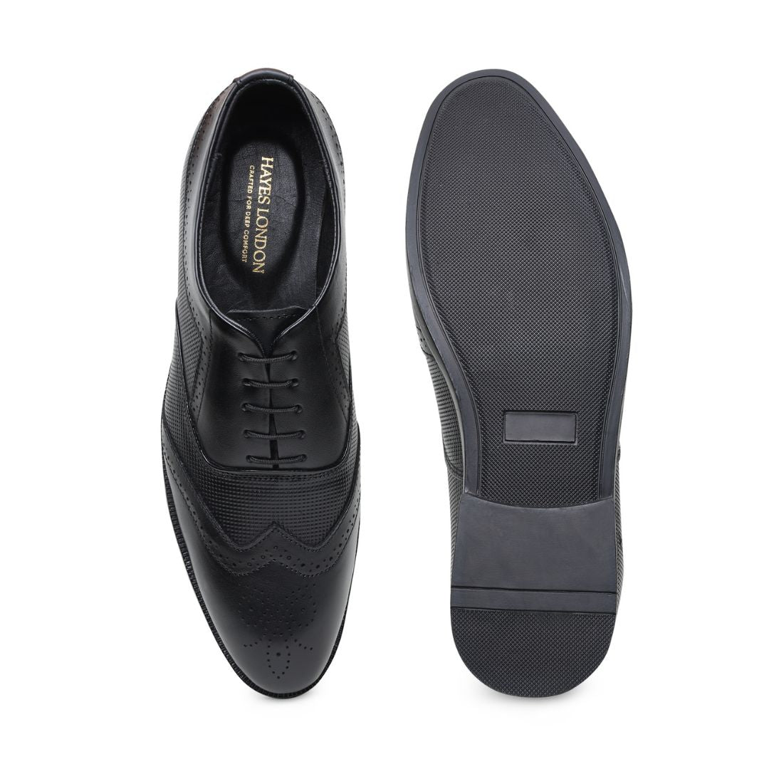 Hayes London | Monarch Wingtip Brogues – Black Perforated Genuine Leather Men’s Shoes