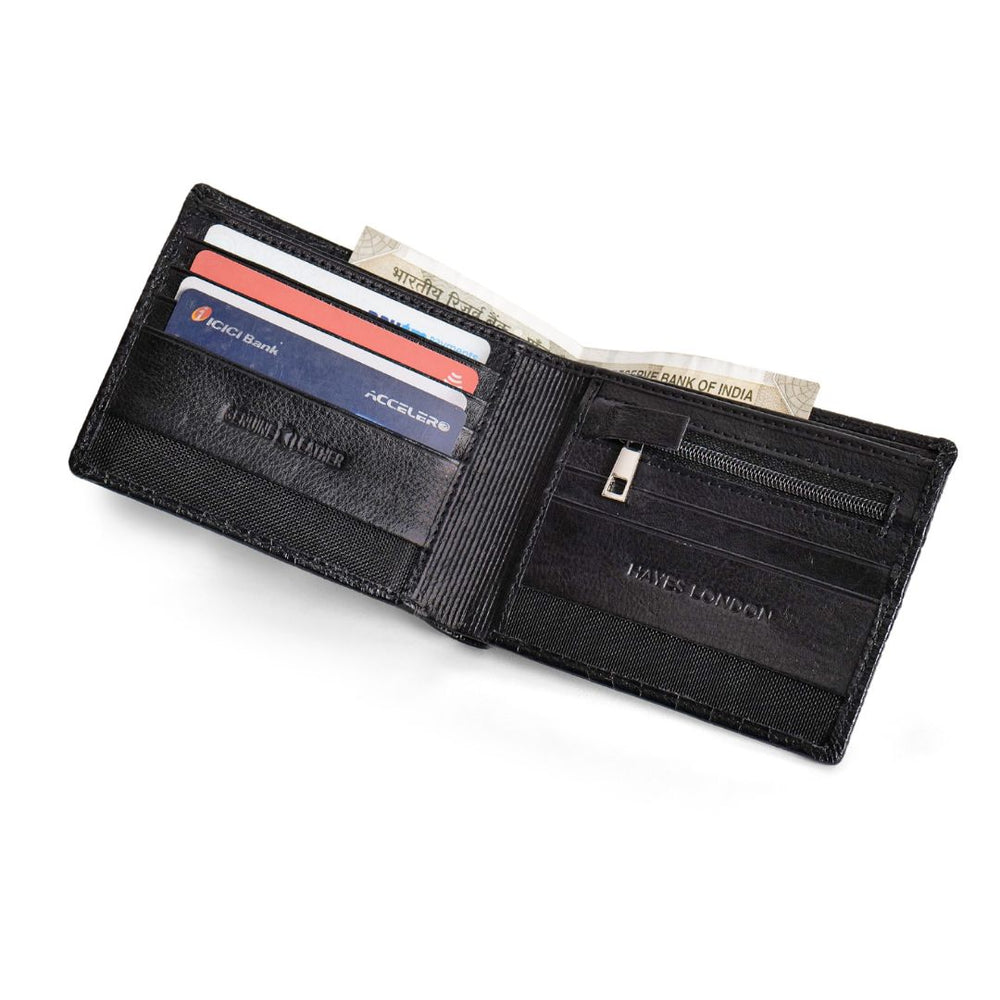 Hayes London | Maverick Black Genuine Leather Textured Wallet for Men - RFID Blocking, Slim Bifold Wallet with 11 Compartments