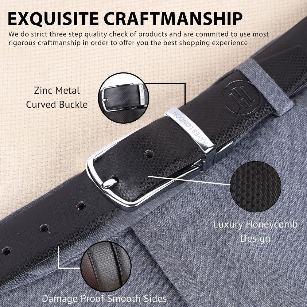 Hayes London | Reversible Black & Brown Vegan Leather Belt For Men (Leather Texture: Honeycomb)
