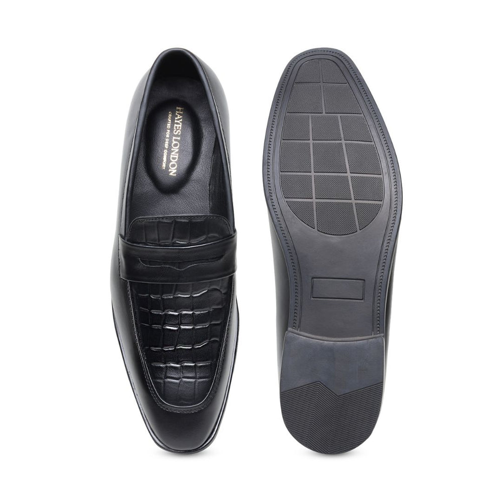 Hayes London | Milan Black Formal Penny Loafers for Men – Genuine Leather Croco Slip-On Shoes for Office & Party Wear