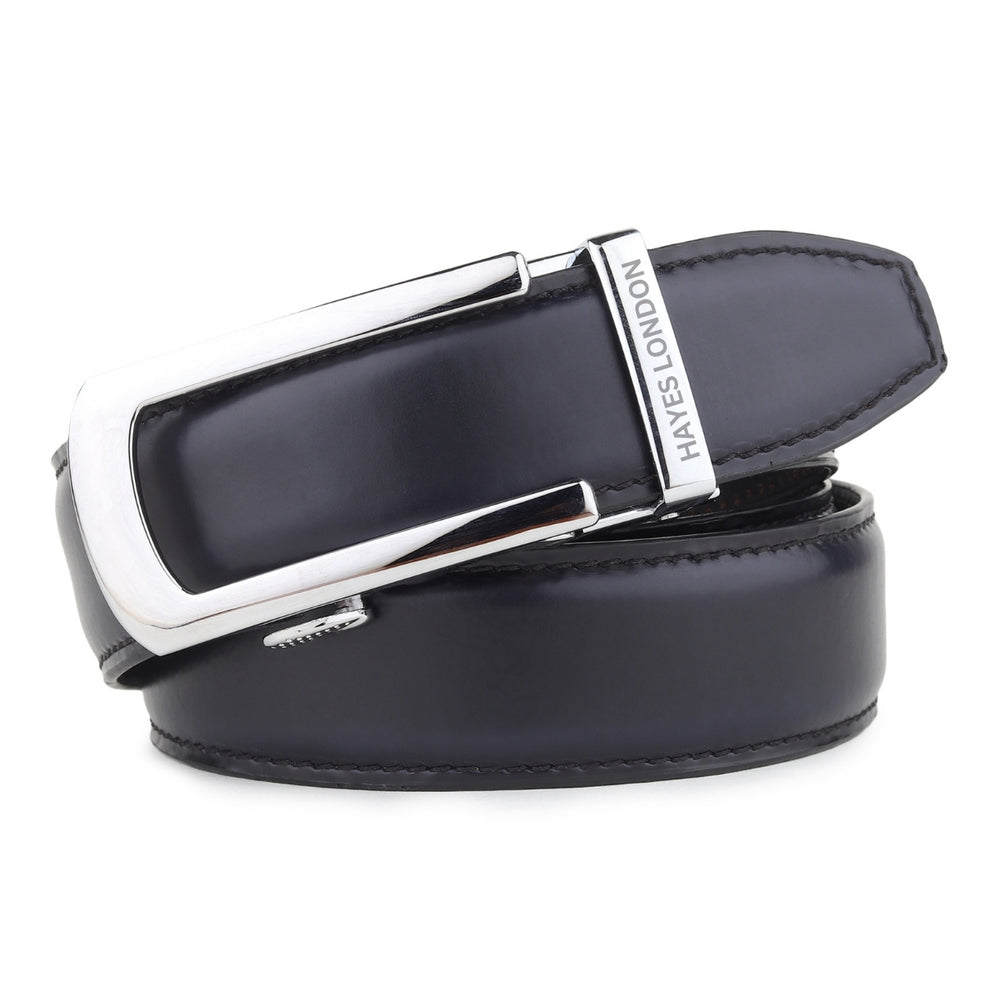 Hayes London | Auto-Lock Genuine Leather Black Belt for Men | Premium Micro-Adjustable No-Hole Belt (Leather Texture: Plain)