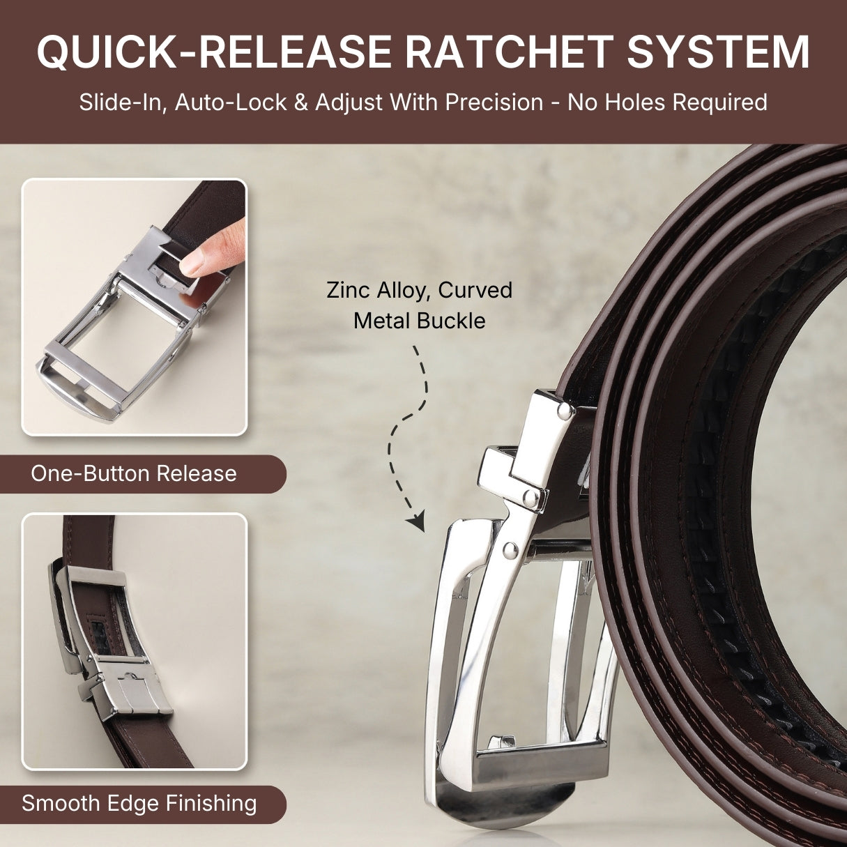 Hayes London | Vanguard Silver Auto-Lock No-Hole Genuine Leather Belt for Men – Micro-Adjustable Smart Ratchet Belt for Formal, Office & Business Wear(Plain Brown)