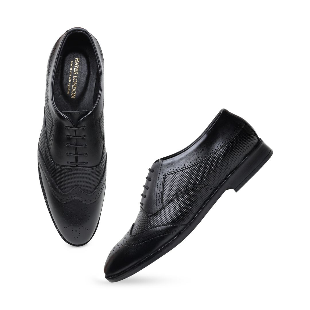 Hayes London | Monarch Wingtip Brogues – Black Perforated Genuine Leather Men’s Shoes