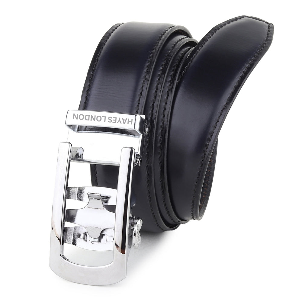 Hayes London | Auto-Lock Genuine Leather Black Belt for Men | Premium Micro-Adjustable No-Hole Belt (Leather Texture: Plain)