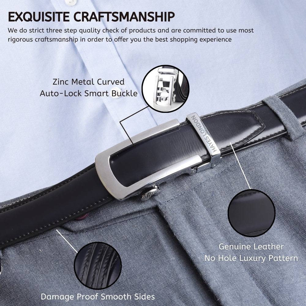 Hayes London | Auto-Lock Genuine Leather Black Belt for Men | Premium Micro-Adjustable No-Hole Belt (Leather Texture: Plain)