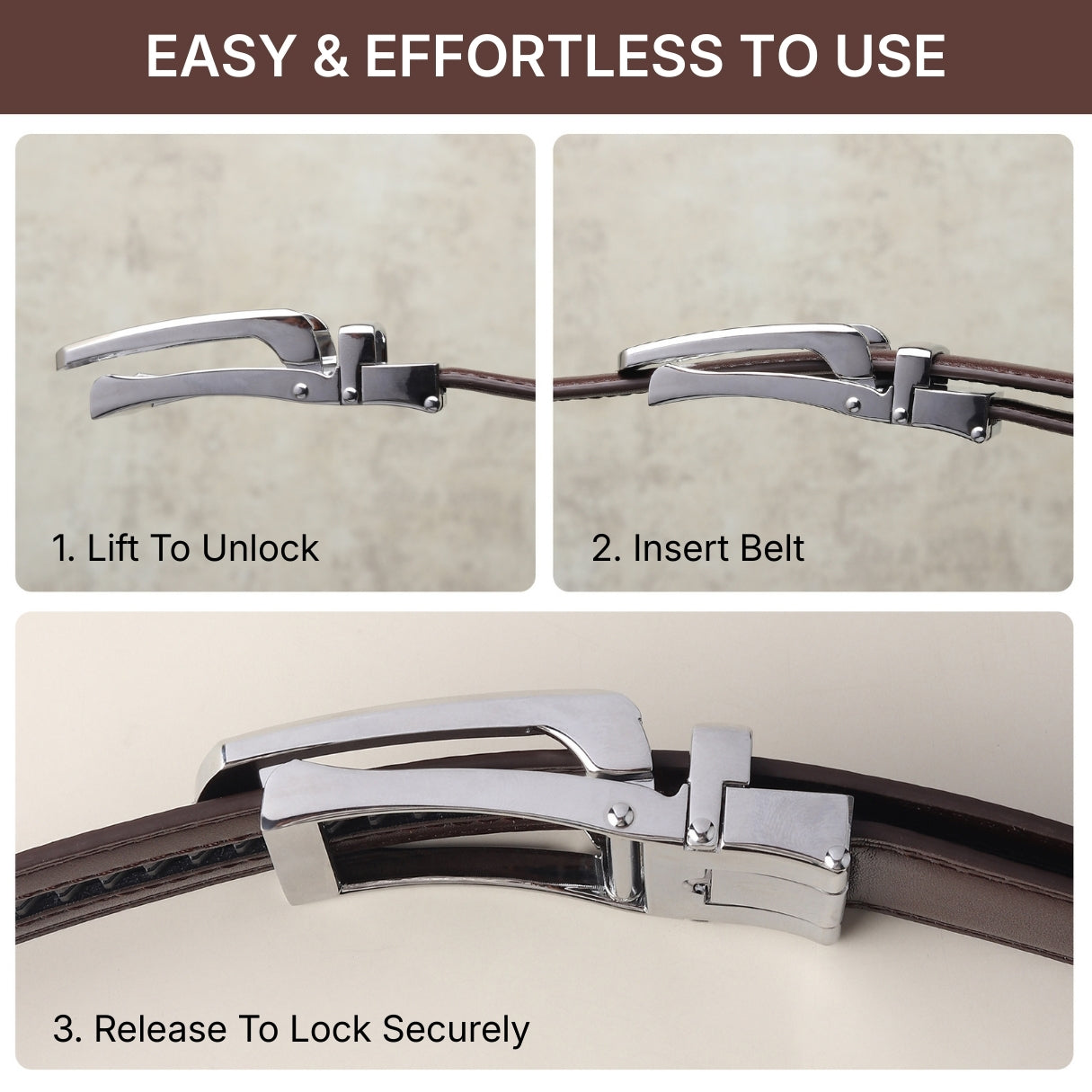 Hayes London | Vanguard Silver Auto-Lock No-Hole Genuine Leather Belt for Men – Micro-Adjustable Smart Ratchet Belt for Formal, Office & Business Wear(Plain Brown)