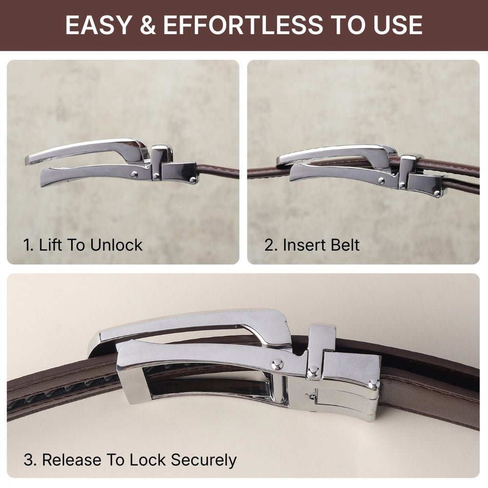 Hayes London | Vanguard Silver Auto-Lock No-Hole Genuine Leather Belt for Men – Micro-Adjustable Smart Ratchet Belt for Formal, Office & Business Wear(Plain Brown)